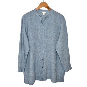 Eileen Fisher 100% Linen Mandarin Collar Tunic Shirt Size Large Blue White
